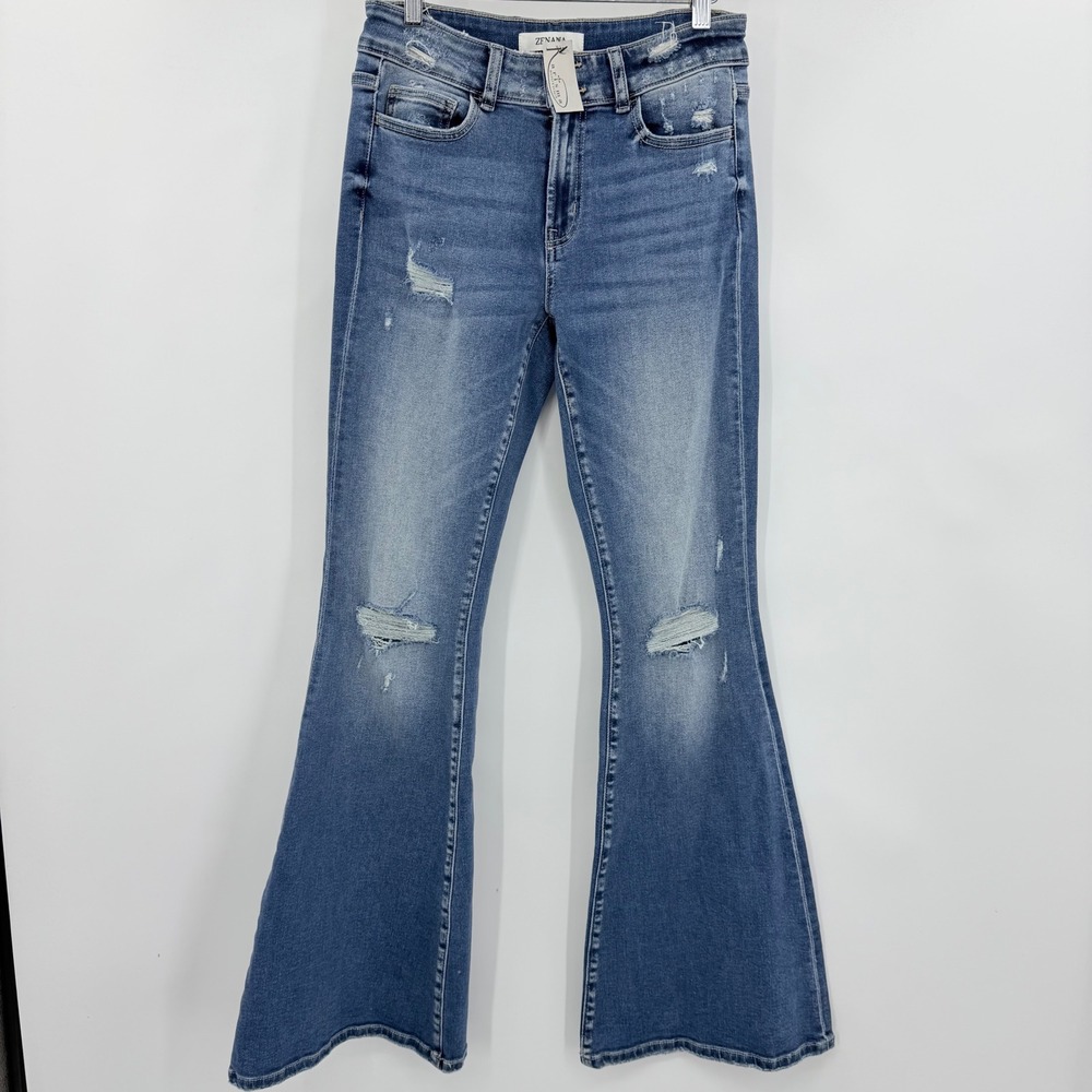 Zenana Flare Jeans Women 29 Blue Distressed Mid Rise Bell Bottom DNP-1453DM